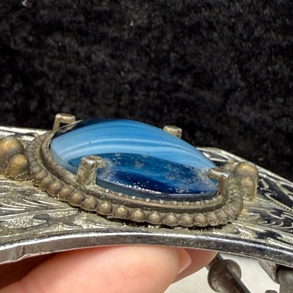 Vintage Polished Stone Belt Buckle Silver Tone Blue Stone